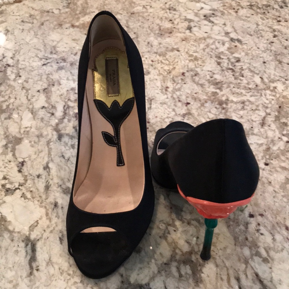 Prada black satin peep toes
